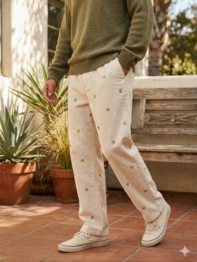 Urban Outfitters Embroidered Corduroy Beach Pant Cream/Green, Men's Medium